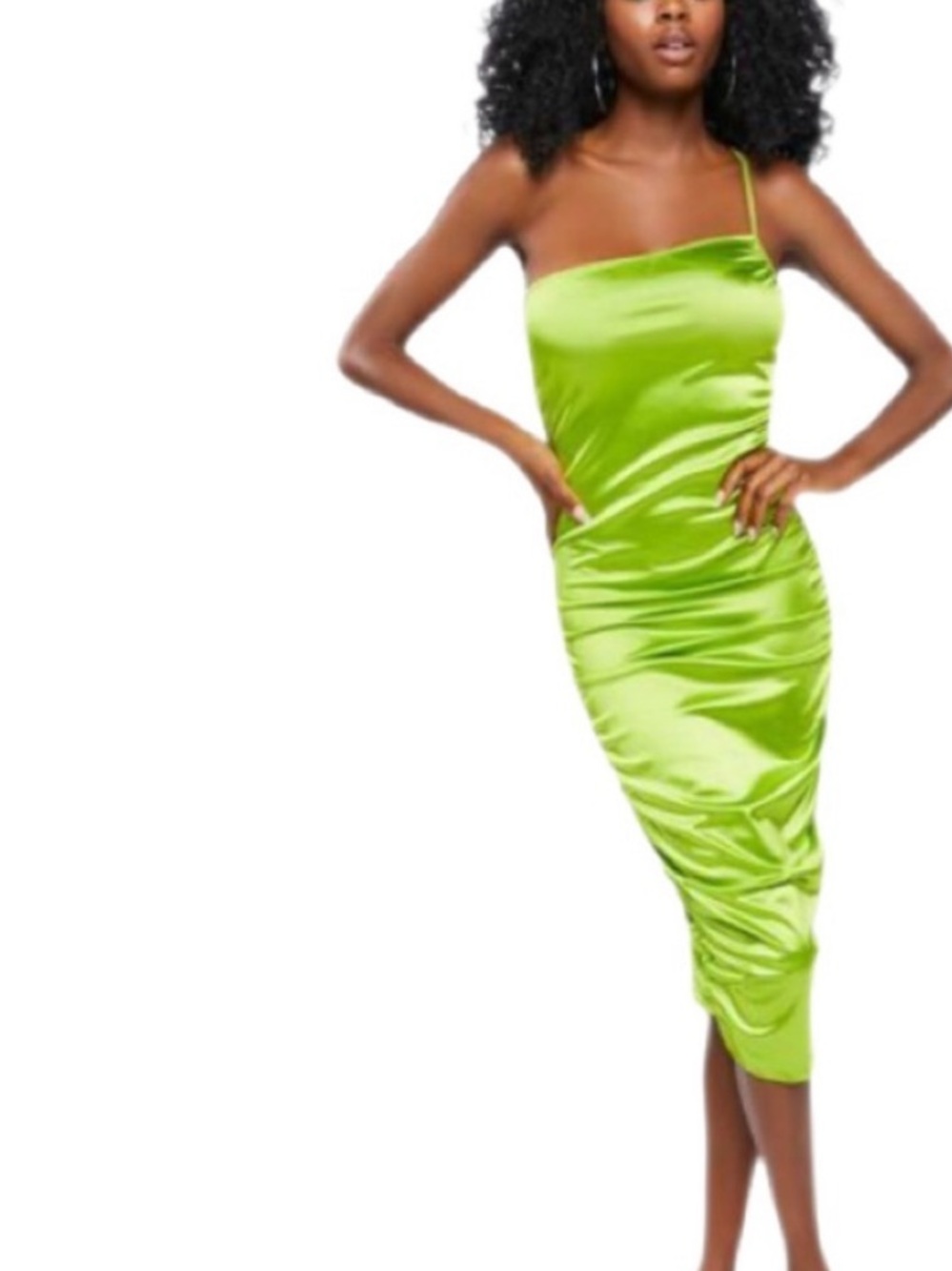 Forever 21 Bright Lime Green Satin One-Shoulder Midi Dress